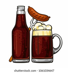 Vector colorful illustration of beer mug with sausage and glass bottle filled with dark beer. Beer bottle and glass of beer with sausage, isolated on white background 2.1