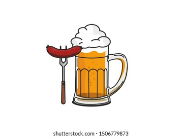 Vector colorful illustration of beer mug with sausage