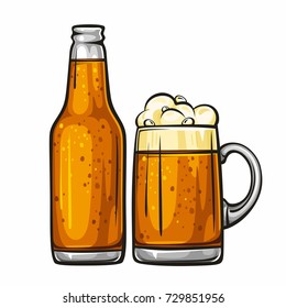 Vector colorful illustration of beer mug and glass bottle filled with beer. Beer bottle and glass of beer, isolated on white background 1.1