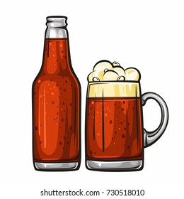 Vector colorful illustration of beer mug and glass bottle filled with dark beer. Beer bottle and glass of beer, isolated on white background 1.1