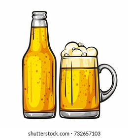 Vektorfarbige Illustration von Bierkrug und Glasflasche mit hellem Bier. Bierflasche und Bier-Glas einzeln auf weißem Hintergrund 1.1
