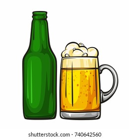 Vector colorful illustration of beer mug and glass green bottle. Beer bottle and glass of light beer, isolated on white background 1.1