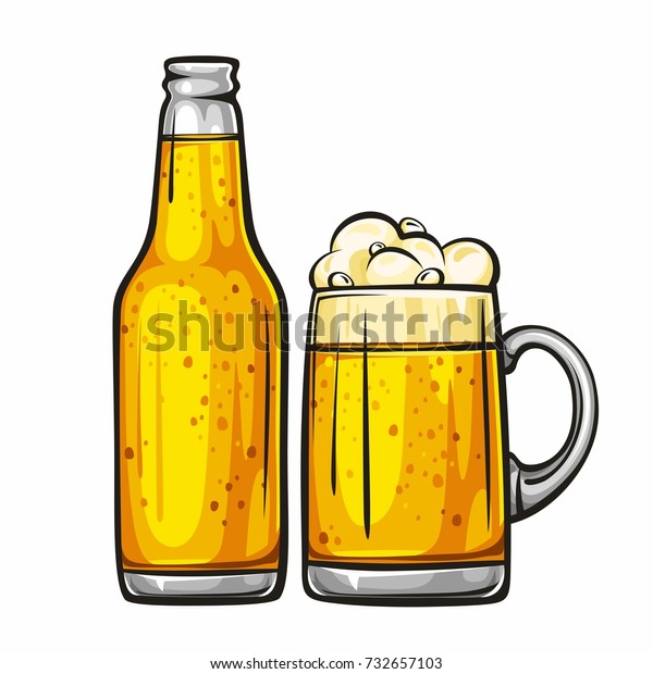 ビールジョッキと軽いビールが入ったガラスびんのベクター画像のカラフルなイラスト 白い背景にビールとグラス1 1 のベクター画像素材 ロイヤリティフリー