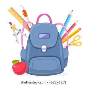 Vector colorful illustration of big blue backpack with red apple and many school supplies isolated on white background. Art school design for web, site, advertising, banner, poster, brochure, board