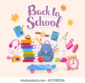 Vector colorful illustration of big collection of many school supplies and autumn maple leaves on light background with text back to school. Art design for web, site, advertising, banner, poster