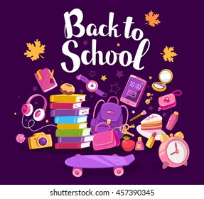 Vector colorful illustration of big collection of many school supplies and autumn maple leaves on dark purple background with text back to school. Art design for web, site, advertising, banner, poster