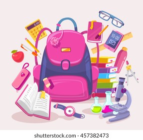 Vector colorful illustration of big girl pink backpack, pile of books, phone, microscope, apple, pen, other many school supplies on light background. Art design for web, advertising, banner, poster