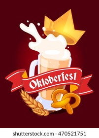Vector colorful illustration of big mug of yellow beer with golden crown, ears wheat, pretzel, red ribbon and text on dark background. Oktoberfest festival and greeting. Realistic design for poster