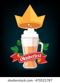 Vector colorful illustration of big mug of yellow beer with golden crown, green leaf hops, red ribbon and text on dark background. Oktoberfest festival and greeting. Realistic design for web, poster