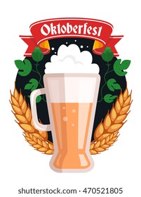 Vector colorful illustration of big mug of yellow beer with ears wheat, green leaf hops, red ribbon and text on white background. Oktoberfest festival and greeting. Realistic design for label, poster