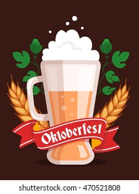 Vector colorful illustration of big mug of yellow beer with ears wheat, leaf hops, red ribbon and text on dark background. Oktoberfest festival and greeting. Realistic design for web, banner, poster