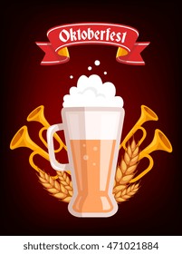 Vector colorful illustration of big mug of yellow beer with ears wheat, trumpets, red ribbon and text on dark background. Oktoberfest festival and greeting. Realistic design for web, banner, poster