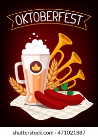 Vector colorful illustration of big mug of yellow beer with ears wheat, green leaf hops, sausage, trumpet, tablecloth, ribbon and text on dark background. Realistic oktoberfest festival, greeting card