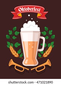 Vector colorful illustration of big mug of yellow beer with ears wheat, green leaf hops, trumpets, red ribbon and text on dark background. Oktoberfest festival and greeting. Realistic design of poster