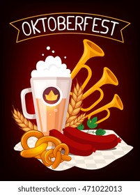 Vector colorful illustration of big mug of yellow beer with ears wheat, green leaf hops, sausage, trumpets, pretzel, tablecloth, ribbon and text on dark background. Oktoberfest festival and greeting.