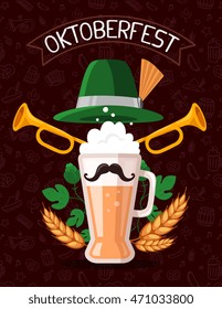 Vector colorful illustration of big mug of yellow beer with ears wheat, green leaf hops, trumpets, hat, mustache, ribbon and text on dark pattern background. Oktoberfest festival, realistic greetings