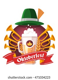 Vector colorful illustration of big mug of yellow beer with ears wheat, trumpets, green hat, red ribbon and text on white background. Oktoberfest festival and greeting. Realistic poster, card design