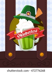 Vector colorful illustration of big mug of green beer with hat, red ribbon and text on male overalls and rhombus pattern background. Oktoberfest festival and greeting. Realistic design for web, poster