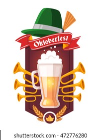 Vector colorful illustration of big mug of yellow beer with ears wheat, trumpets, green hat, red ribbon and text on white background. Oktoberfest festival and greeting coat of arms. Realistic design