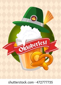 Vector colorful illustration of big mug of yellow beer with green hat, pretzel, red ribbon and text on light rhombus pattern background. Oktoberfest festival and greeting. Realistic design for poster