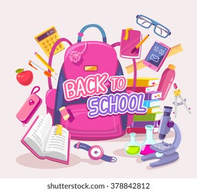 Vector colorful illustration of big pink backpack with many student items on gray background with text. Art design for web, site, advertising, banner, poster, flyer, brochure, board, paper print.