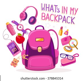 Vector colorful illustration of big pink backpack with many young girl's items on white background with text. Art design for web, site, advertising, banner, poster, flyer, brochure, board, paper print