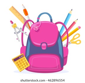Vector colorful illustration of big pink girly backpack with calculator and other school supplies isolated on white background. Art school design for web, site, advertising, banner, poster, board