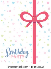 Vector colorful illustration. Birthday party template poster with red ribbon, bow, text on white background with hearts. Celebration message. Flat style hand drawn design for invitation card