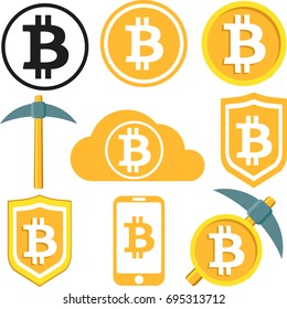 Vector Colorful Illustration Of Bitcoin Mining Icons And Symbols Of Cloud Cryptocurrency Technologies, Shield, Coins, Money, Mattock / Pickax And More In Color