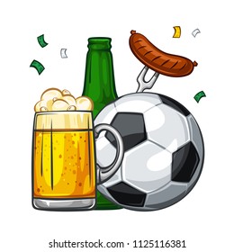 Vector colorful illustration of black soccer ball with beer. Soccer ball with glass of light beer with sausage and green bottle, isolated on white background 1.1