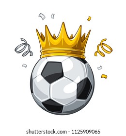 Vector colorful illustration of black soccer ball in golden crown, isolated on white background. Soccer champion. Winner 1.1