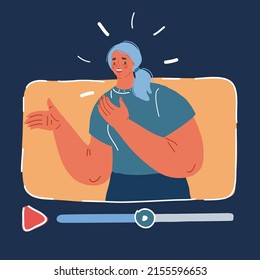 Vector colorful illustration of Blogging, Social Media Networking. Blogger Woman Character at Screen, People Watch Broadcasting, Streaming Video Post over dark backround.