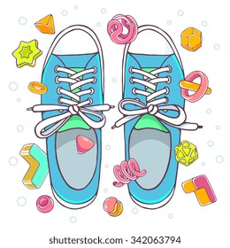 Vector colorful illustration of blue gumshoes on  white background with abstract elements. Hand draw line art design for web, site, advertising, banner, poster, board, brochure and print.
