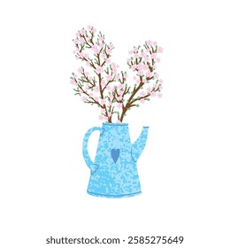 Vector Colorful Illustration of Bouquet of Cherry Blossoms in a Blue Teapot Isolated on White Background