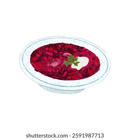 Vector Colorful Illustration of Bowl of Borscht Isolated on White Background