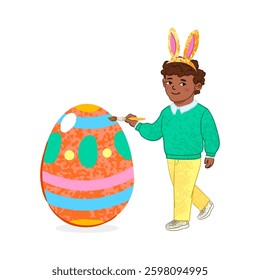 Vector Colorful Illustration of Boy Decorates an Easter Egg Isolated on White Background