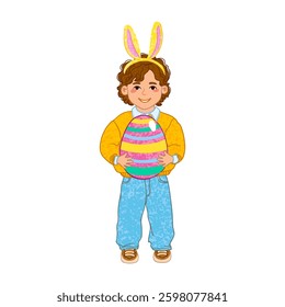 Vector Colorful Illustration of Boy Holds a Big Easter Egg Isolated on White Background