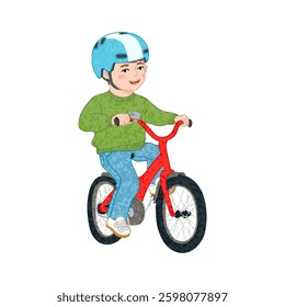 Vector Colorful Illustration of Boy Rides a Bicycle Isolated on White Background