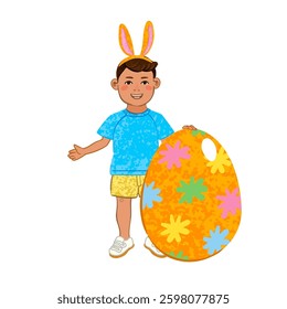 Vector Colorful Illustration of Boy Stands Next to a Large Easter Egg Isolated on White Background