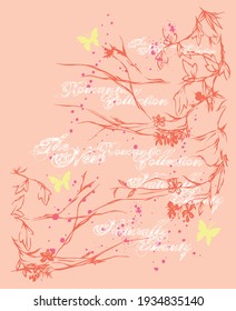 Vector colorful illustration of branches with leaves, butterflies and text. Art in the style of stripped and handmade strokes.