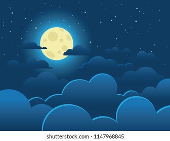 Vector colorful illustration of a bright full moon on a background of a dark sky. A night sky with stars and a full glowing moon. Fluffy clouds on the starry sky