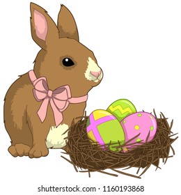 Vector colorful illustration of brown bunny with pink bow and nest full of easter egg