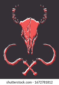 vector colorful illustration of bull's skull with two crossing sickles isolated at the grey background. Witchcraft and occult symbols for tattoo, prints and stickers