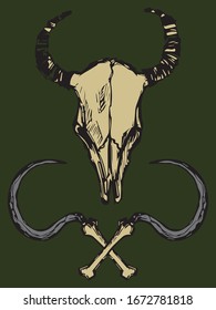 vector colorful illustration of bull's skull with two crossing sickles isolated at the green background. Witchcraft and occult symbols for tattoo, prints and stickers