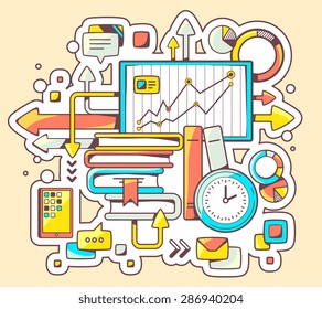 Vector colorful illustration of business education with books and board teaching on yellow background. Hand draw line art design for web, site, advertising, banner, poster, board and print. 