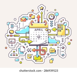 Vector colorful illustration of business meet date with calendar on yellow background. Hand draw line art design for web, site, advertising, banner, poster, board and print. 