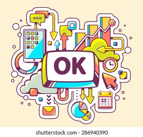 Vector colorful illustration of business processes and OK button on light background. Hand draw line art design for web, site, advertising, banner, poster, board and print. 