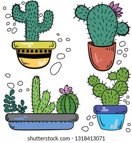 Vector colorful illustration with cacti. Cactus on white background. Cute illustration for printing. Postcard and logo ideas. 