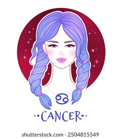 Vector colorful illustration of Cancer zodiac sign female portrait with starry sky background