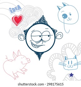 Vector colorful illustration of cartoon boy isolated on special background with hand drawn design elements, social interaction idea. Facial expressions on teenager face. 

